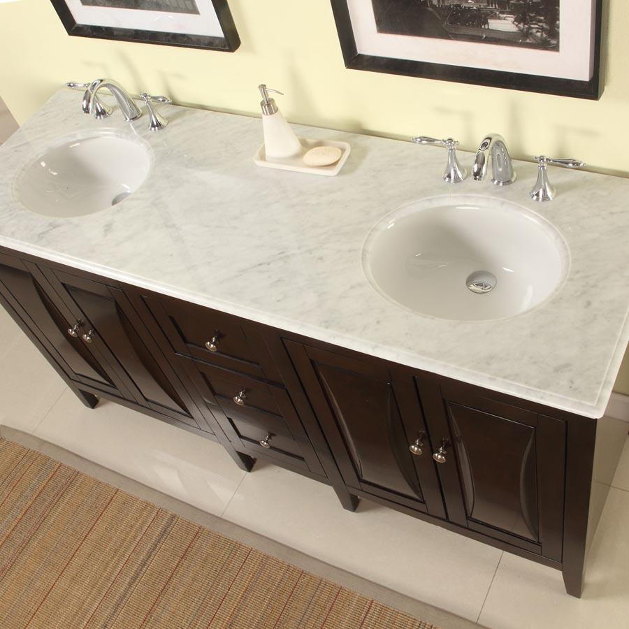 68" Double Sink Cabinet - Carrara White Marble Top, Undermount White Ceramic Sinks (3-hole)