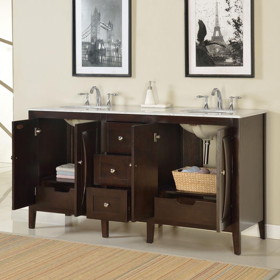 68" Double Sink Cabinet - Carrara White Marble Top, Undermount White Ceramic Sinks (3-hole)