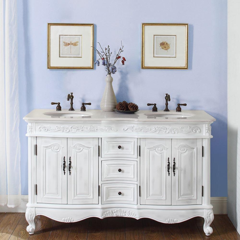 58" Double Sink Cabinet - Crema Marfil Top, Undermount Ivory Ceramic Sinks (3-hole)