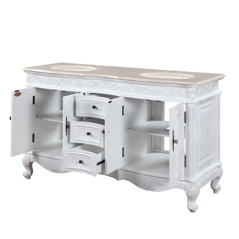 58" Double Sink Cabinet - Crema Marfil Top, Undermount Ivory Ceramic Sinks (3-hole)