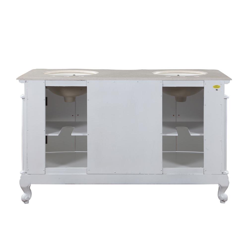 58" Double Sink Cabinet - Crema Marfil Top, Undermount Ivory Ceramic Sinks (3-hole)