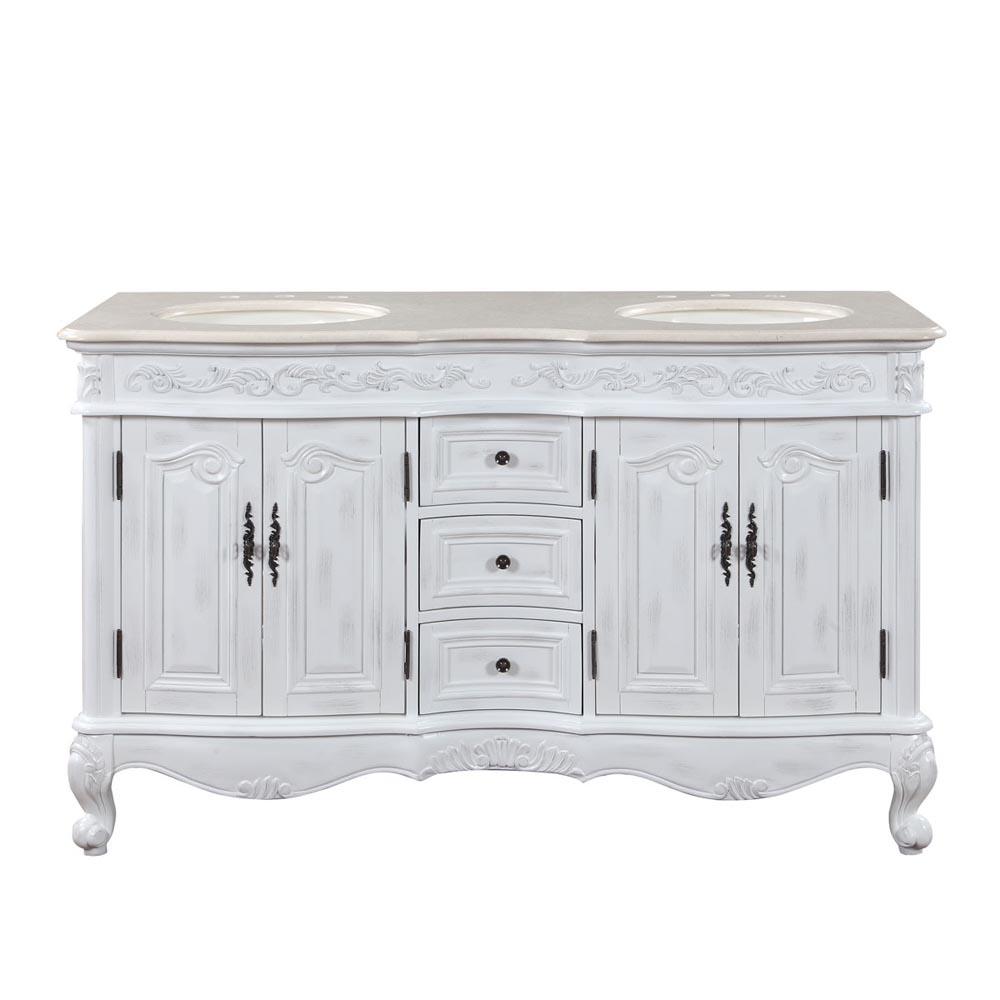 58" Double Sink Cabinet - Crema Marfil Top, Undermount Ivory Ceramic Sinks (3-hole)