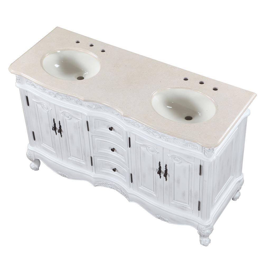 58" Double Sink Cabinet - Crema Marfil Top, Undermount Ivory Ceramic Sinks (3-hole)