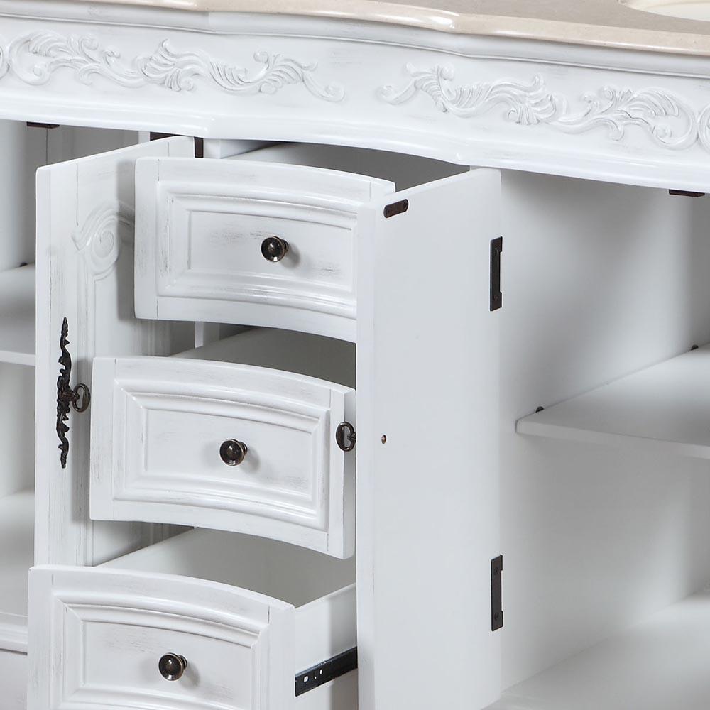 58" Double Sink Cabinet - Crema Marfil Top, Undermount Ivory Ceramic Sinks (3-hole)