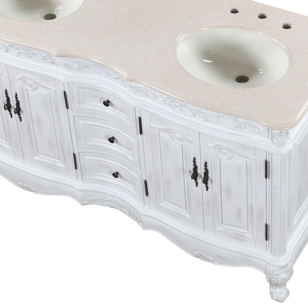 58" Double Sink Cabinet - Crema Marfil Top, Undermount Ivory Ceramic Sinks (3-hole)