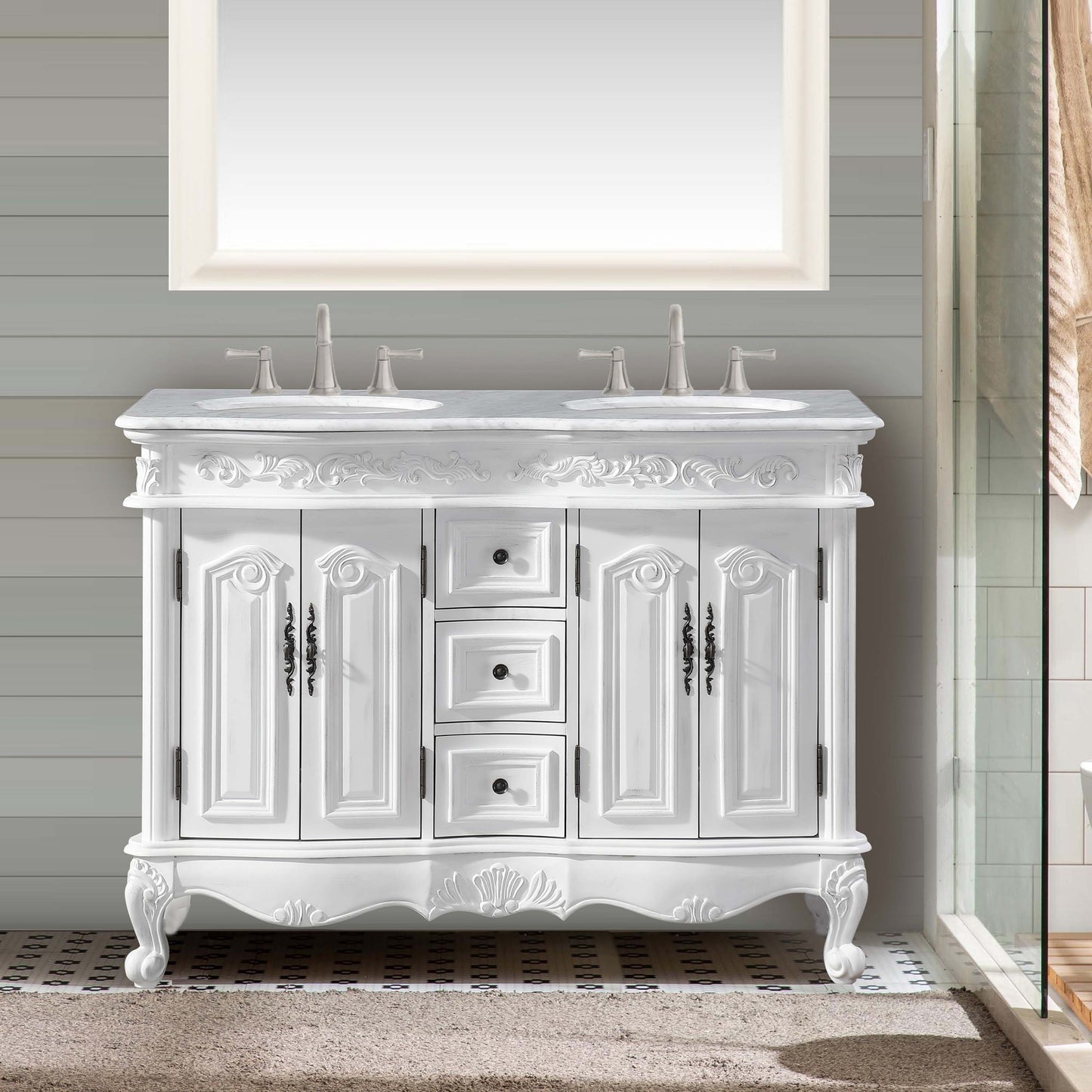 48" Double Sink Cabinet - Carrara White Top, Undermount White Ceramic Sinks (3-hole)