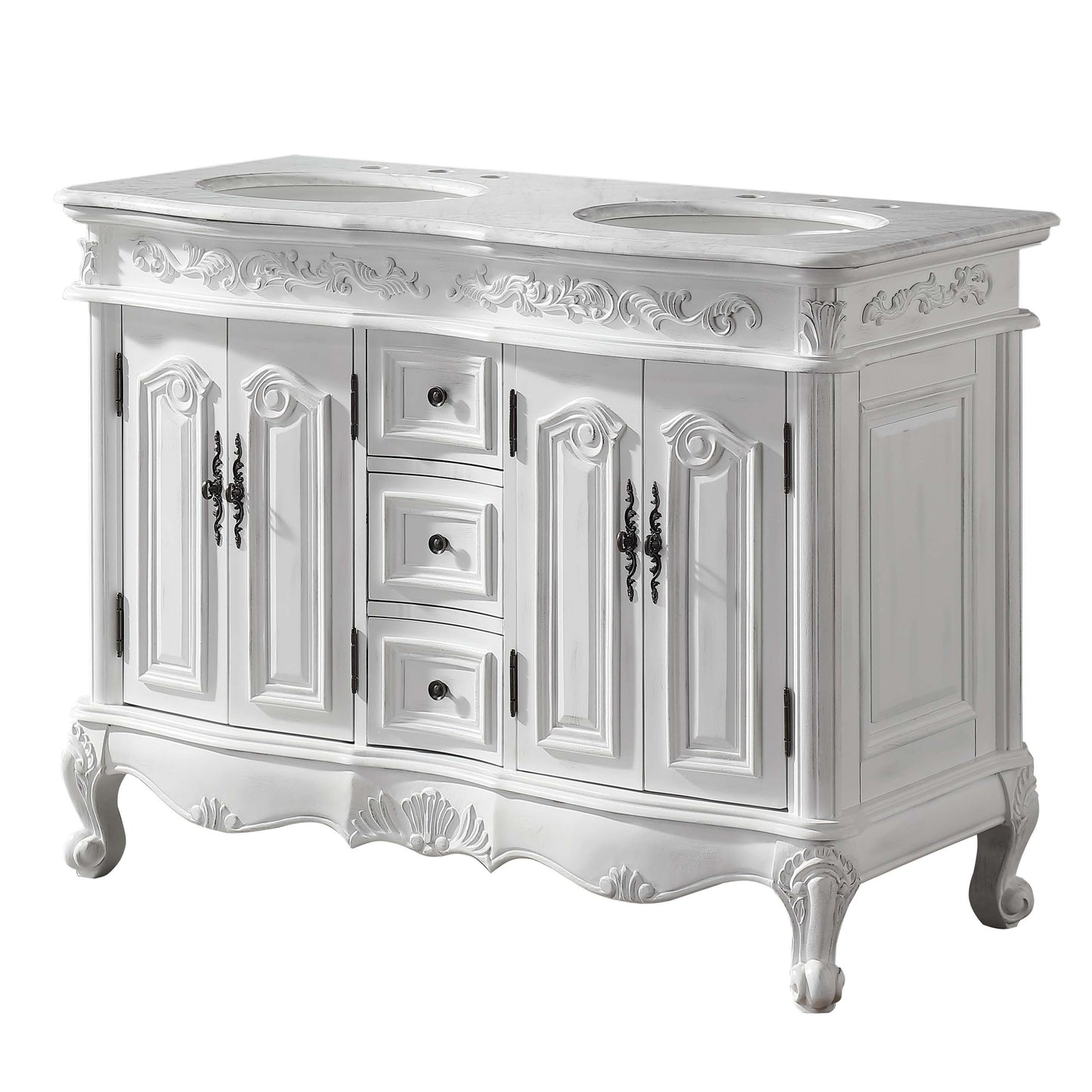 48" Double Sink Cabinet - Carrara White Top, Undermount White Ceramic Sinks (3-hole)