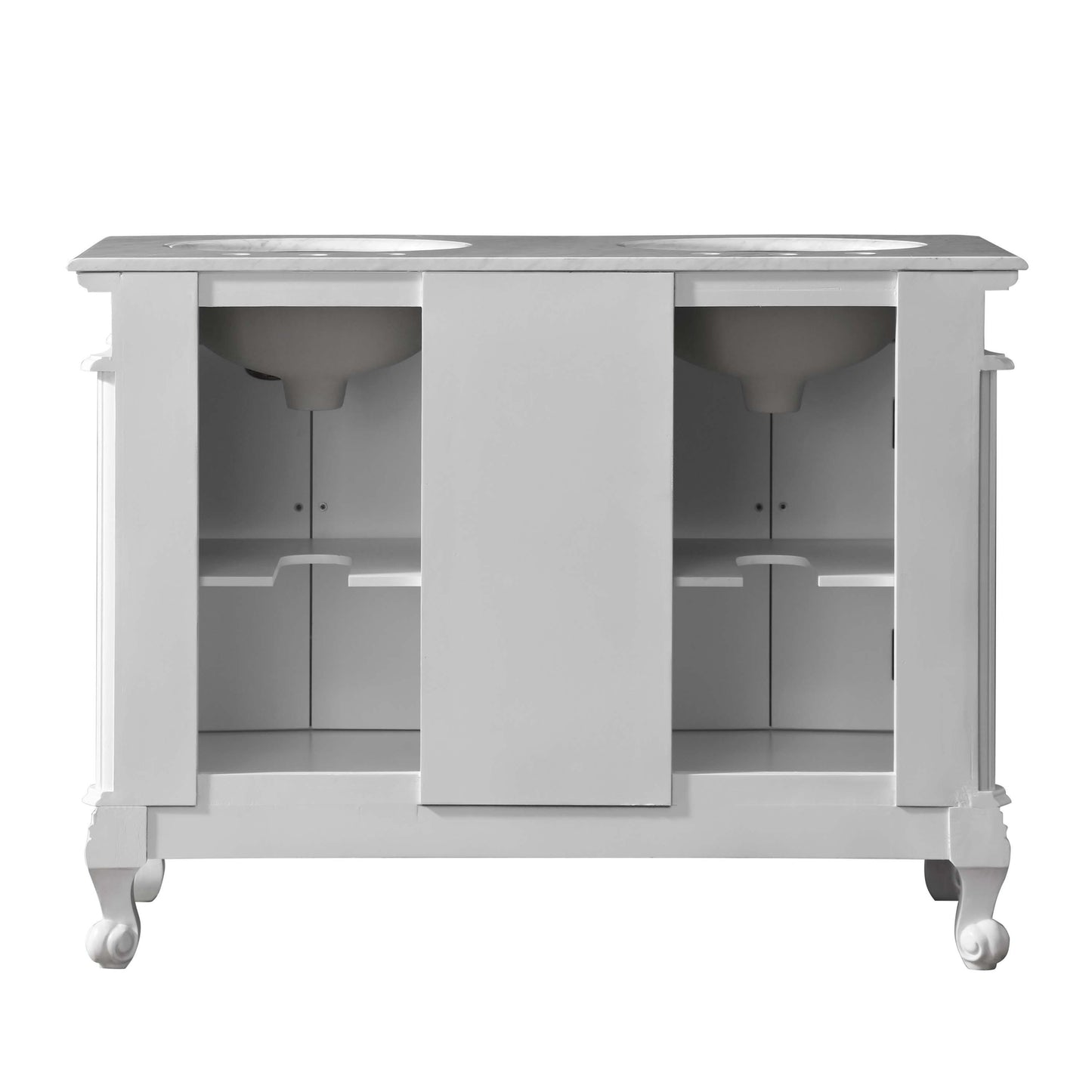 48" Double Sink Cabinet - Carrara White Top, Undermount White Ceramic Sinks (3-hole)