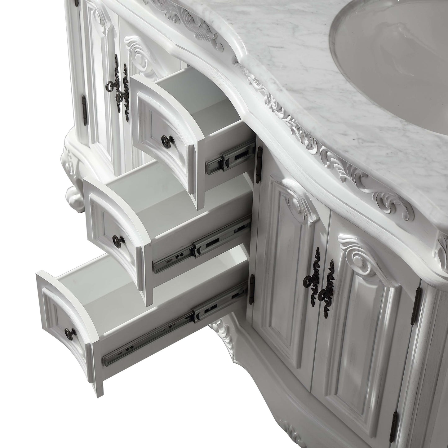 48" Double Sink Cabinet - Carrara White Top, Undermount White Ceramic Sinks (3-hole)