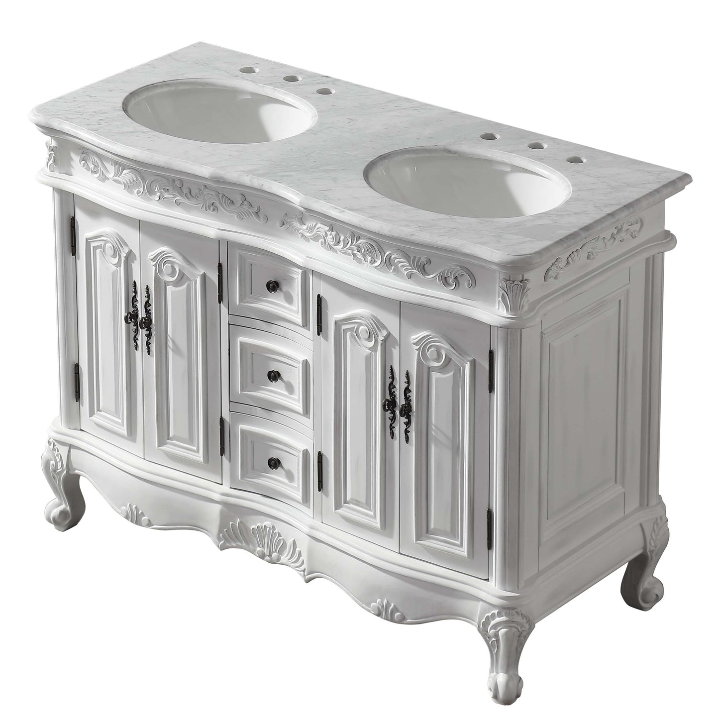 48" Double Sink Cabinet - Carrara White Top, Undermount White Ceramic Sinks (3-hole)