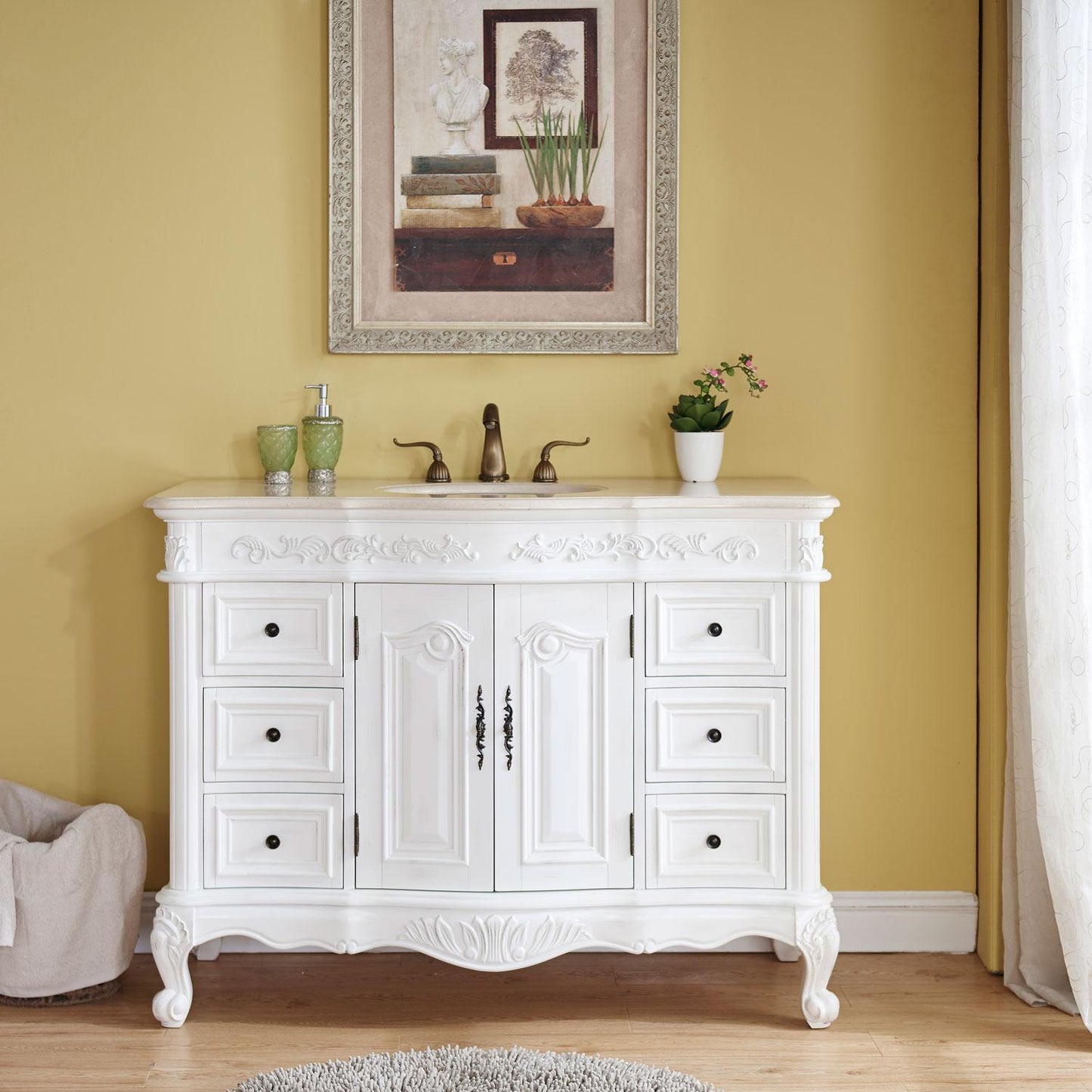 48" Single Sink Cabinet - Crema Marfil Top, Undermount White Ceramic Sink (3-hole)