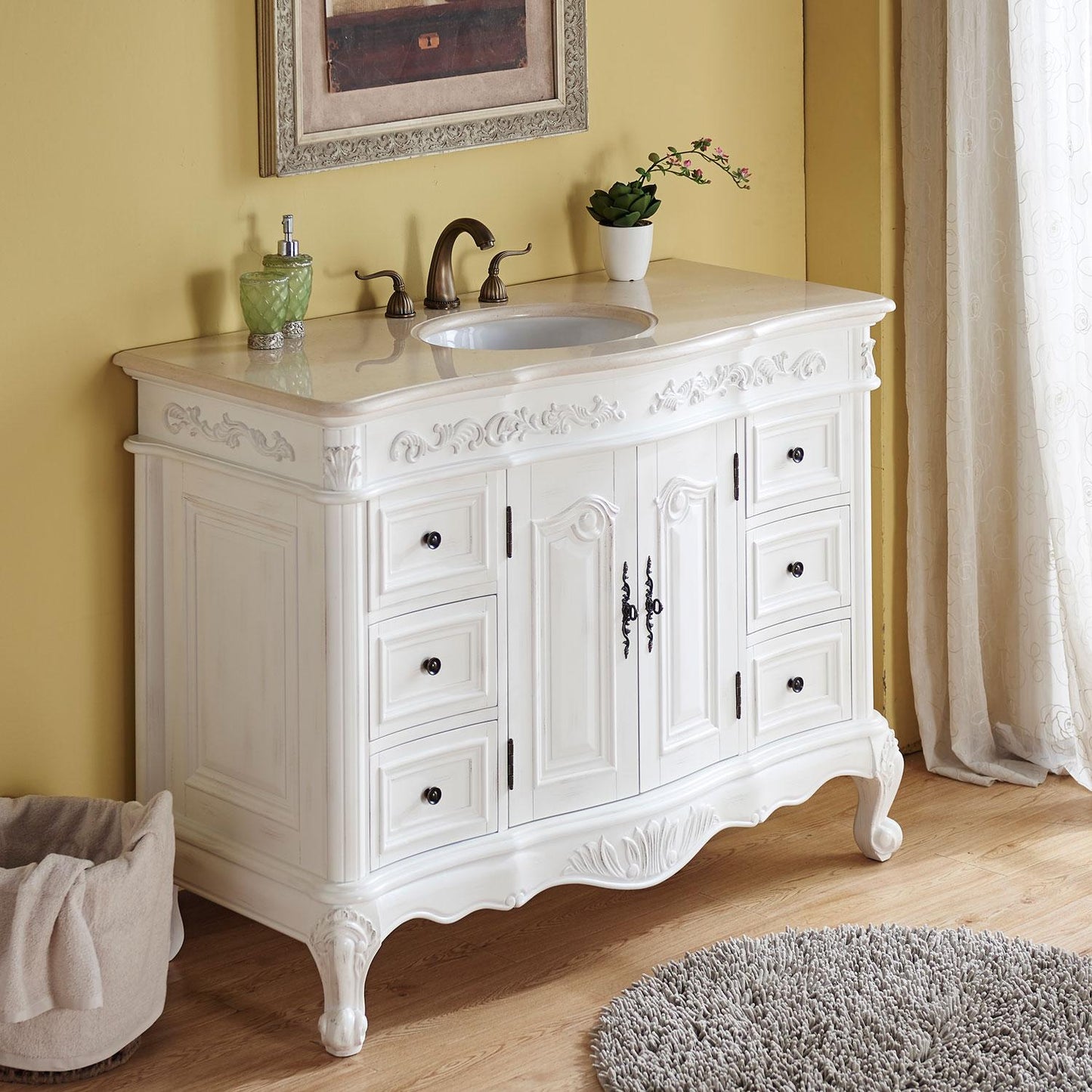 48" Single Sink Cabinet - Crema Marfil Top, Undermount White Ceramic Sink (3-hole)