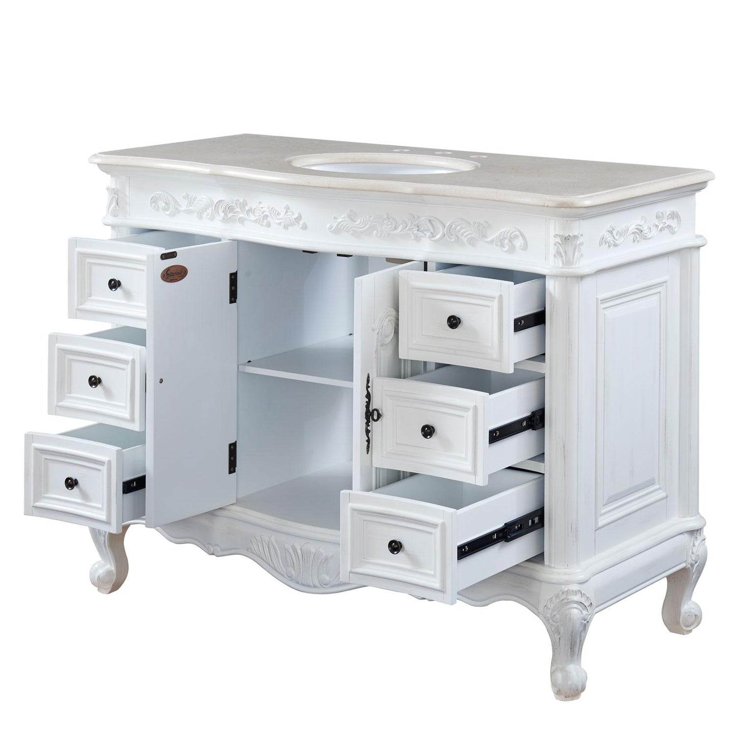 48" Single Sink Cabinet - Crema Marfil Top, Undermount White Ceramic Sink (3-hole)