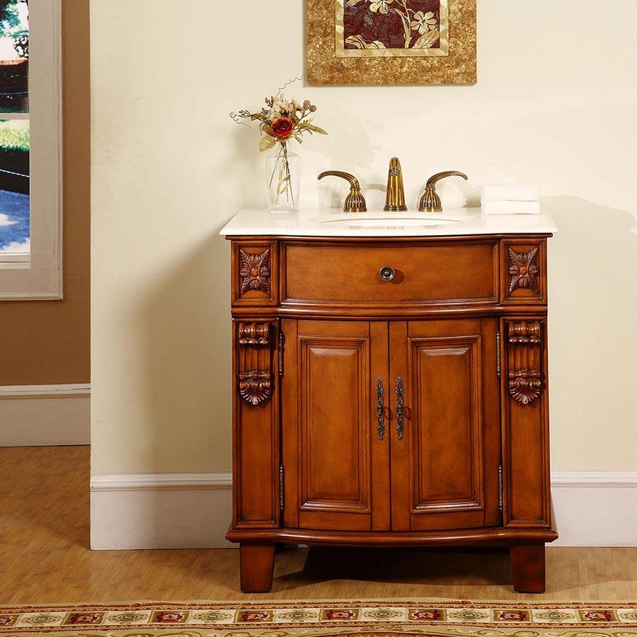 33" Single Sink Cabinet - Crema Marfil Top, Undermount Ivory Ceramic Sinks (3-hole)