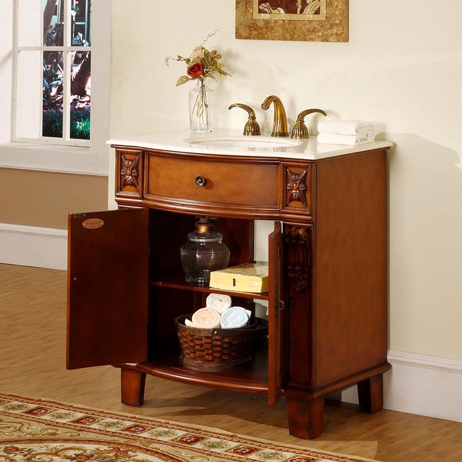 33" Single Sink Cabinet - Crema Marfil Top, Undermount Ivory Ceramic Sinks (3-hole)