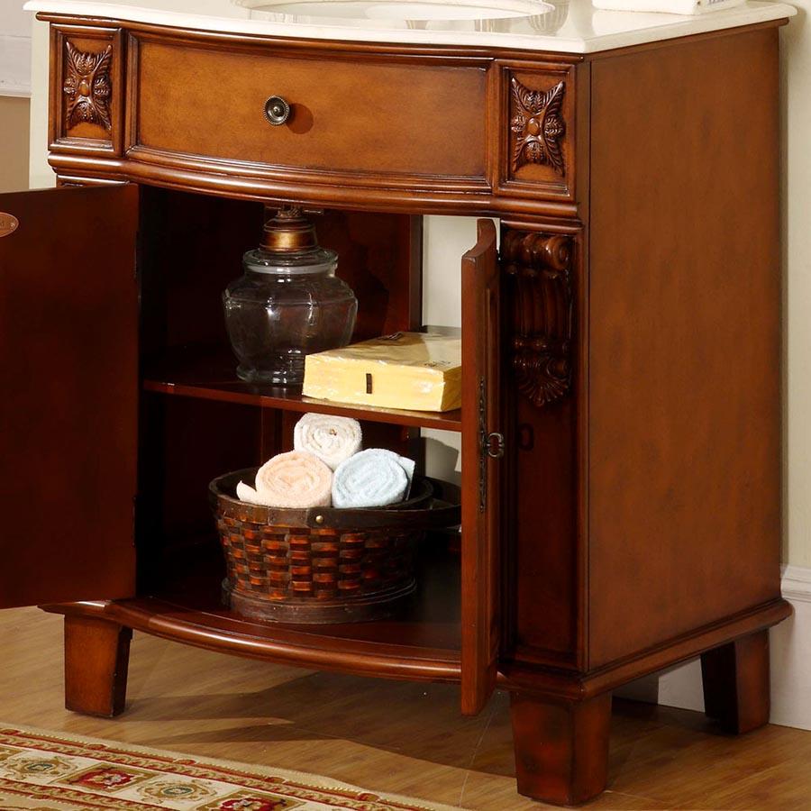 33" Single Sink Cabinet - Crema Marfil Top, Undermount Ivory Ceramic Sinks (3-hole)