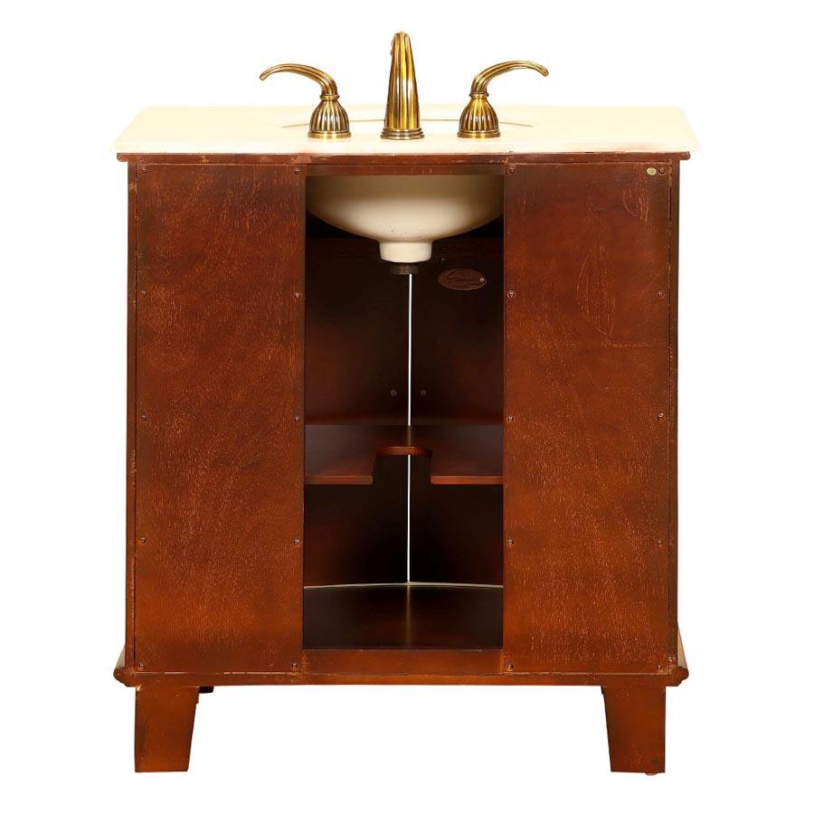 33" Single Sink Cabinet - Crema Marfil Top, Undermount Ivory Ceramic Sinks (3-hole)