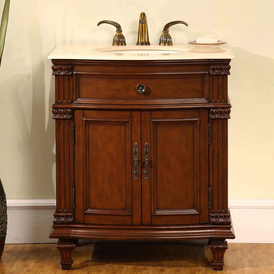 30.5" Single Sink Cabinet - Crema Marfil Top, Undermount Ivory Ceramic Sink (3-hole)