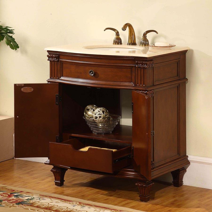 30.5" Single Sink Cabinet - Crema Marfil Top, Undermount Ivory Ceramic Sink (3-hole)