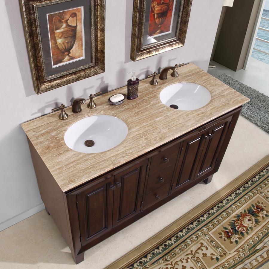 55" Double Sink Cabinet - Travertine Top, Undermount, White Ceramic Sinks (3-hole)