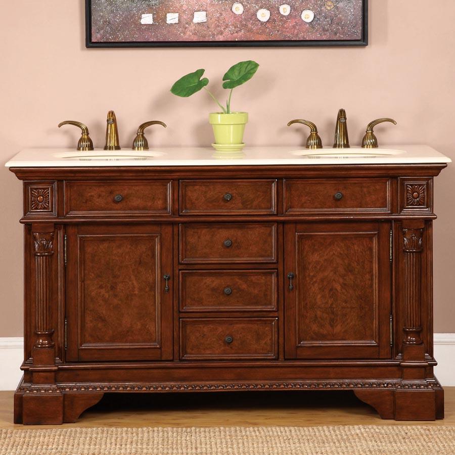 60" Double Sink Cabinet - Crema Marfil Top, Undermount Ivory Ceramic Sinks (3-hole)