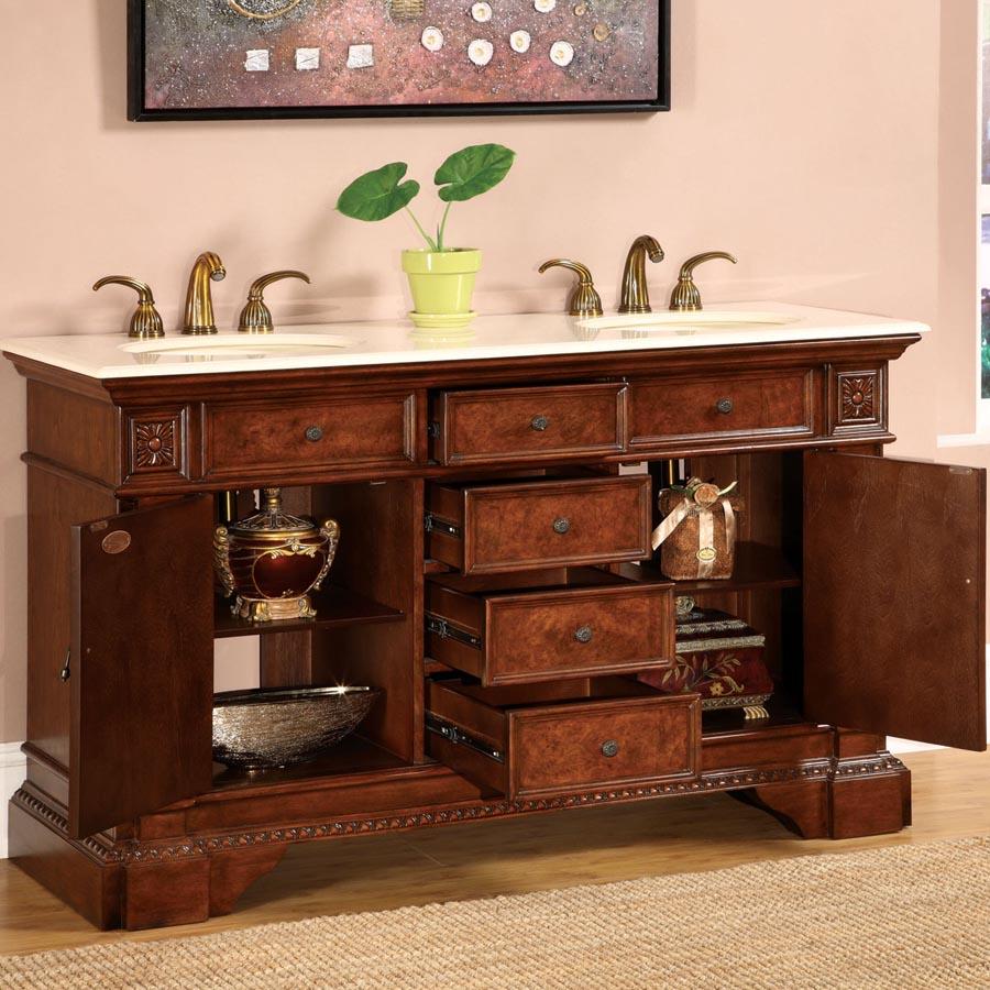 60" Double Sink Cabinet - Crema Marfil Top, Undermount Ivory Ceramic Sinks (3-hole)