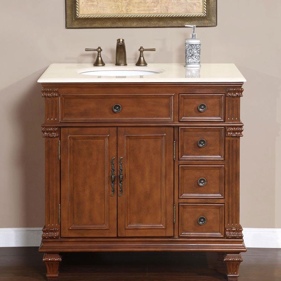 36" Single Sink Cabinet (Left Sink) - Crema Marfil Top, Undermount White Ceramic Sinks (3-hole)