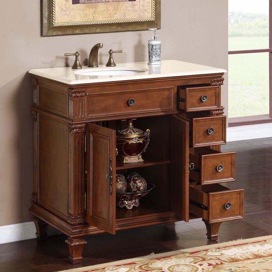 36" Single Sink Cabinet (Left Sink) - Crema Marfil Top, Undermount White Ceramic Sinks (3-hole)