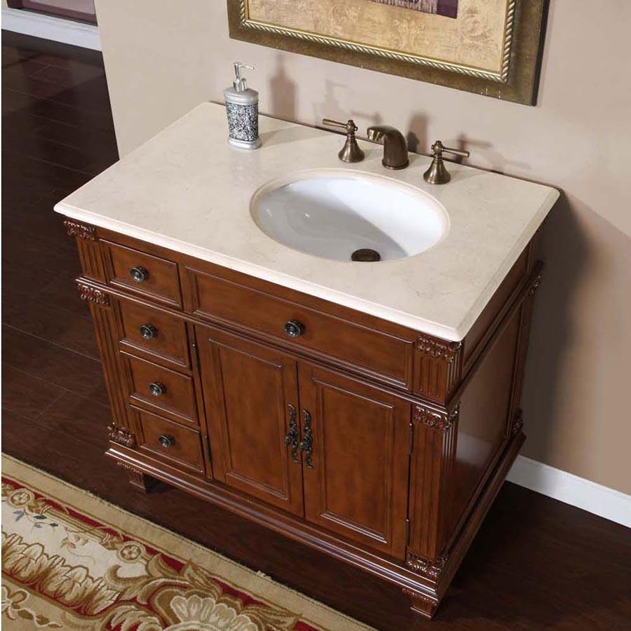 36" Single Sink Cabinet (Right Sink) - Crema Marfil Top, Undermount White Ceramic Sinks (3-hole)