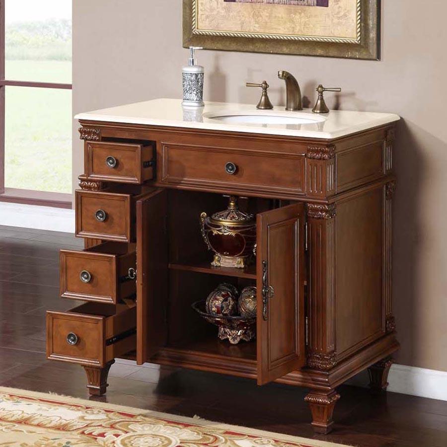 36" Single Sink Cabinet (Right Sink) - Crema Marfil Top, Undermount White Ceramic Sinks (3-hole)