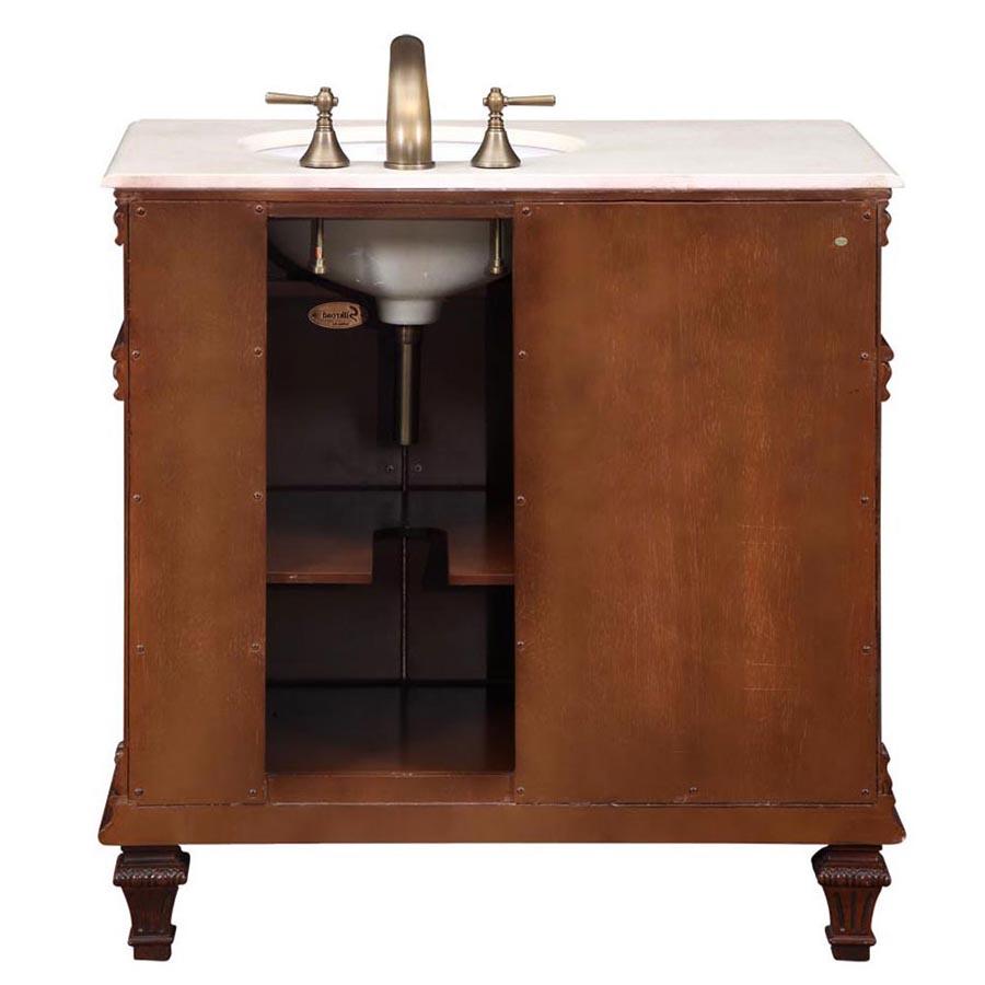 36" Single Sink Cabinet (Right Sink) - Crema Marfil Top, Undermount White Ceramic Sinks (3-hole)