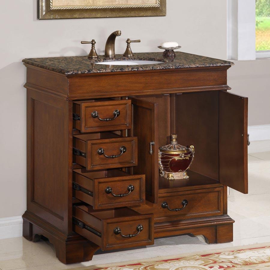 36" Single Sink Cabinet - Baltic Brown Top, Undermount White Ceramic Sinks (3-hole)
