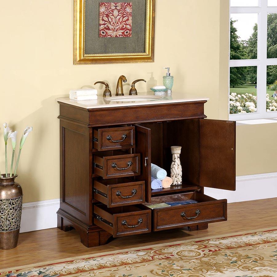 36" Single Sink Cabinet - Crema Marfil Top, Undermount Ivory Ceramic Sinks (3-hole)