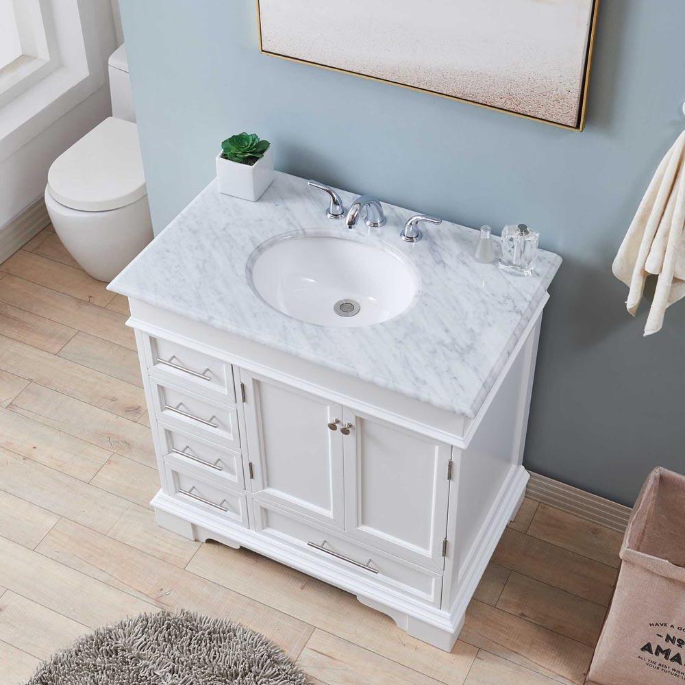 36" Single Sink Cabinet - Carrara White Marble Top, Undermount White Ceramic Sinks (3-hole)