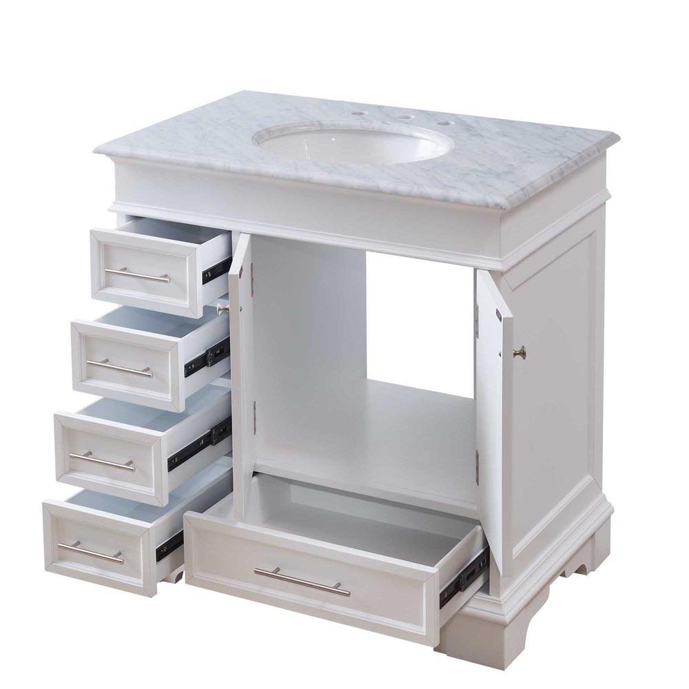 36" Single Sink Cabinet - Carrara White Marble Top, Undermount White Ceramic Sinks (3-hole)