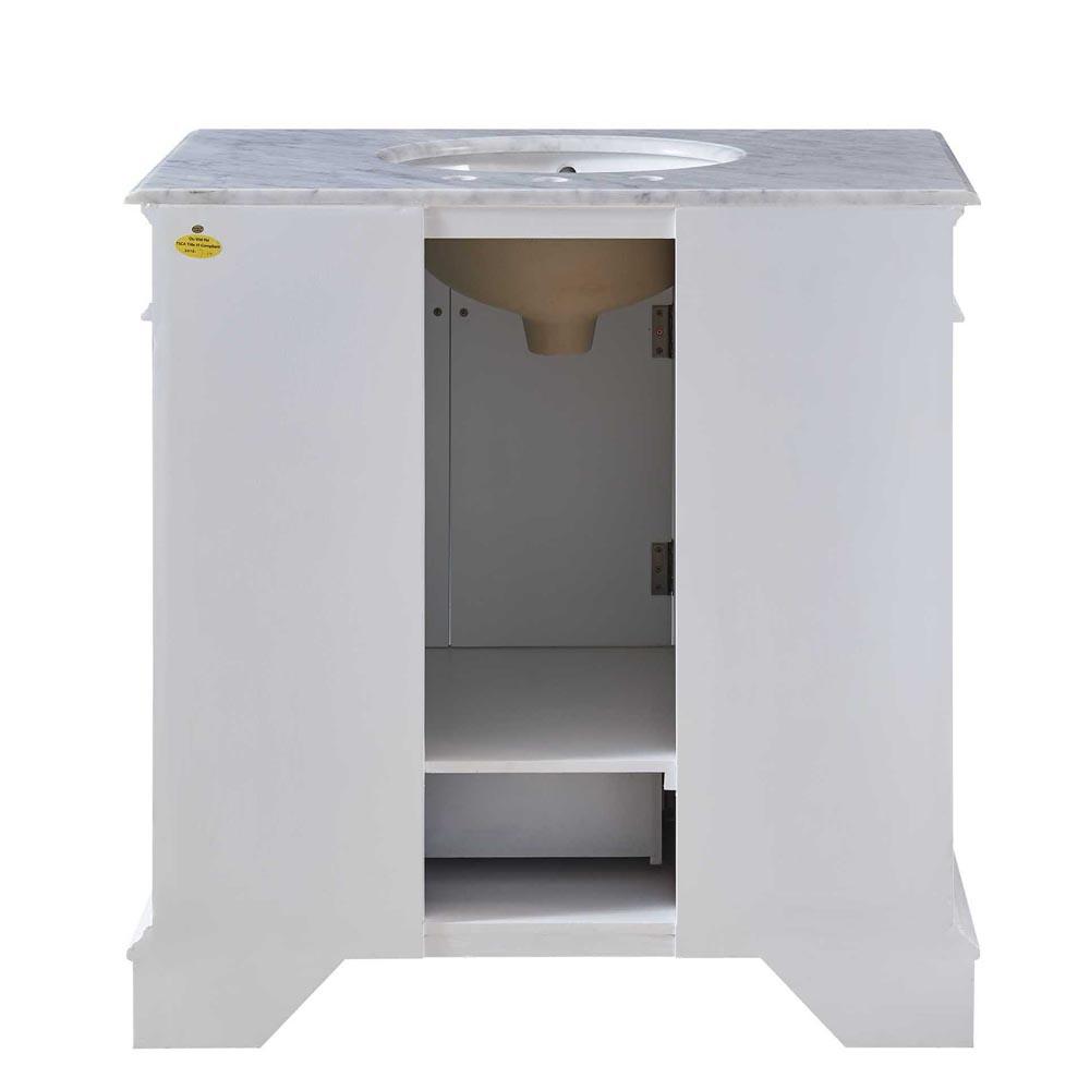 36" Single Sink Cabinet - Carrara White Marble Top, Undermount White Ceramic Sinks (3-hole)