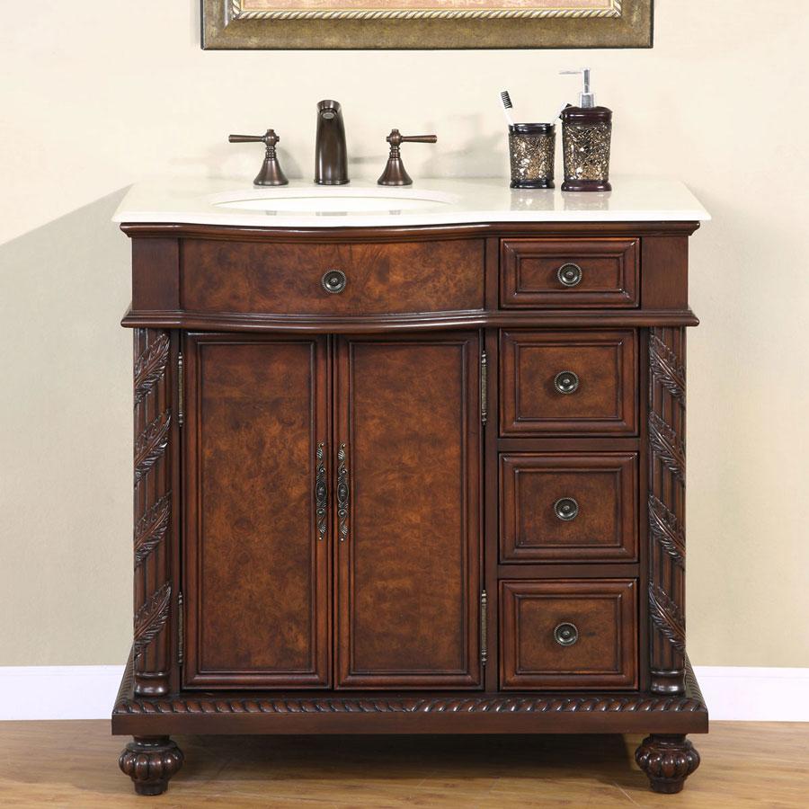 36" Single Sink Cabinet (Left Sink) - Crema Marfil Top, Undermount Ivory Ceramic Sinks (3-hole)