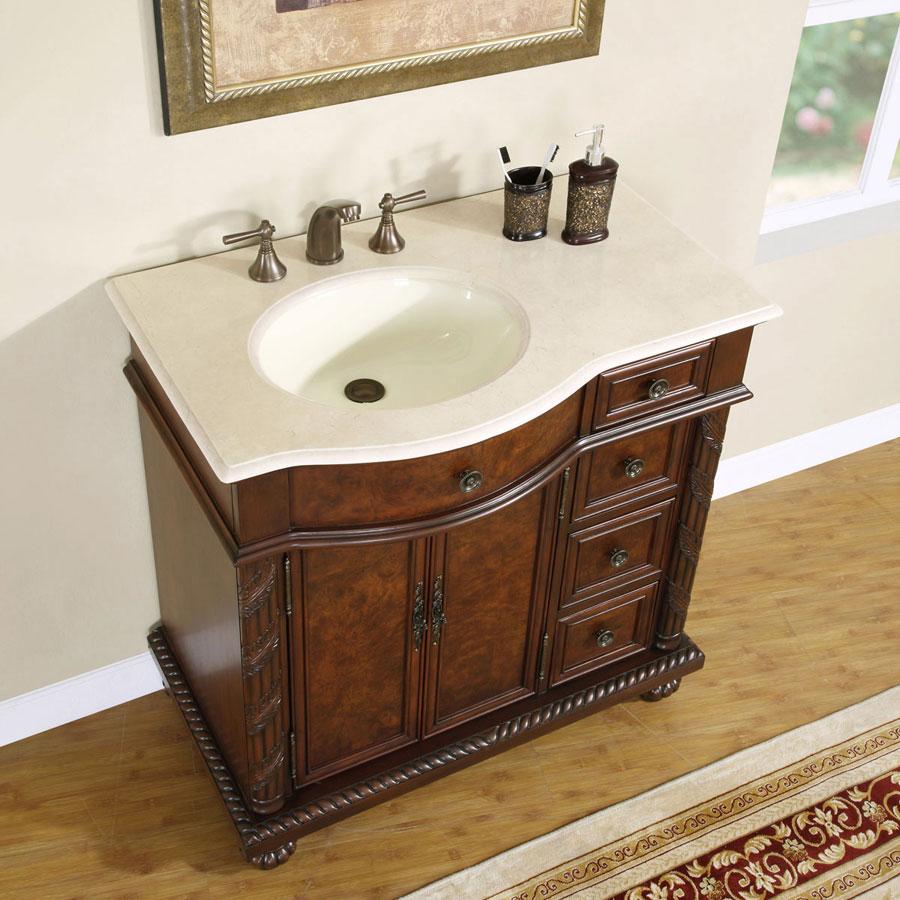 36" Single Sink Cabinet (Left Sink) - Crema Marfil Top, Undermount Ivory Ceramic Sinks (3-hole)