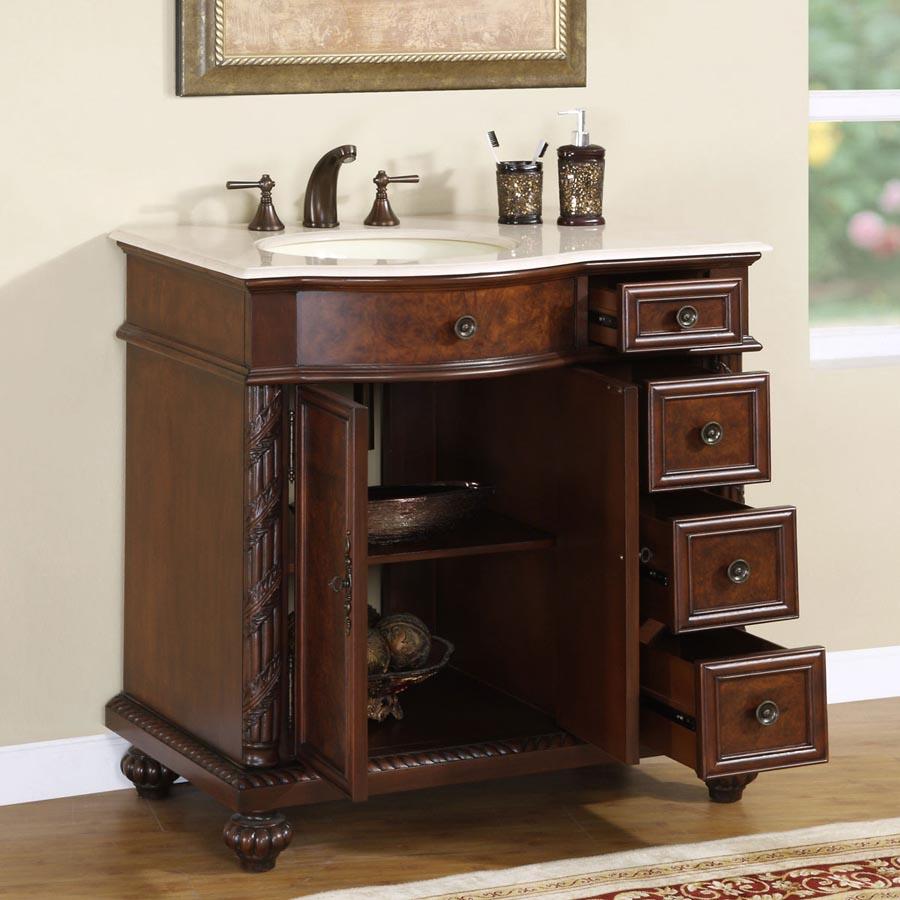 36" Single Sink Cabinet (Left Sink) - Crema Marfil Top, Undermount Ivory Ceramic Sinks (3-hole)