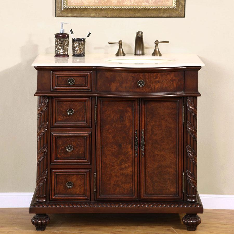 36" Single Sink Cabinet (Right Sink) - Crema Marfil Top, Undermount Ivory Ceramic Sinks (3-hole)
