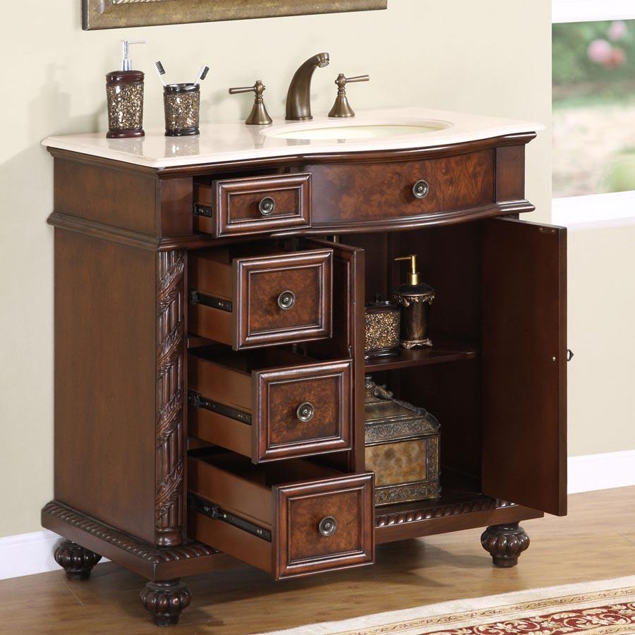 36" Single Sink Cabinet (Right Sink) - Crema Marfil Top, Undermount Ivory Ceramic Sinks (3-hole)