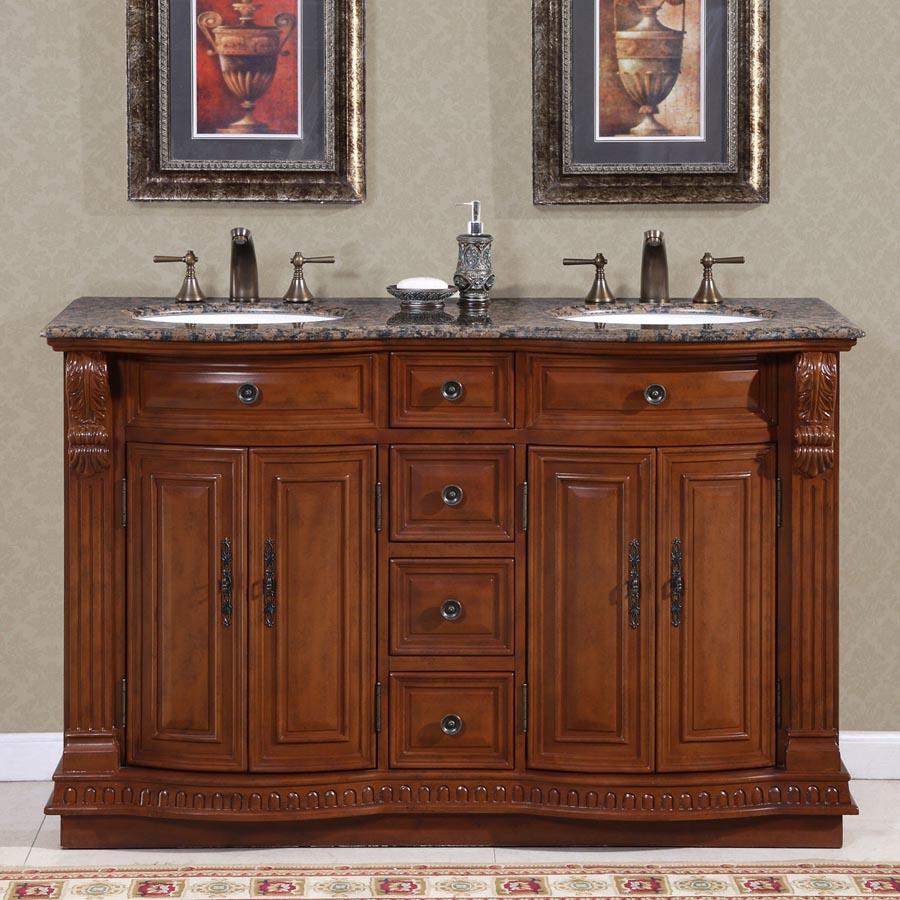 55" Double Sink Cabinet - Baltic Brown Top, Undermount White Ceramic Sinks (3-hole)