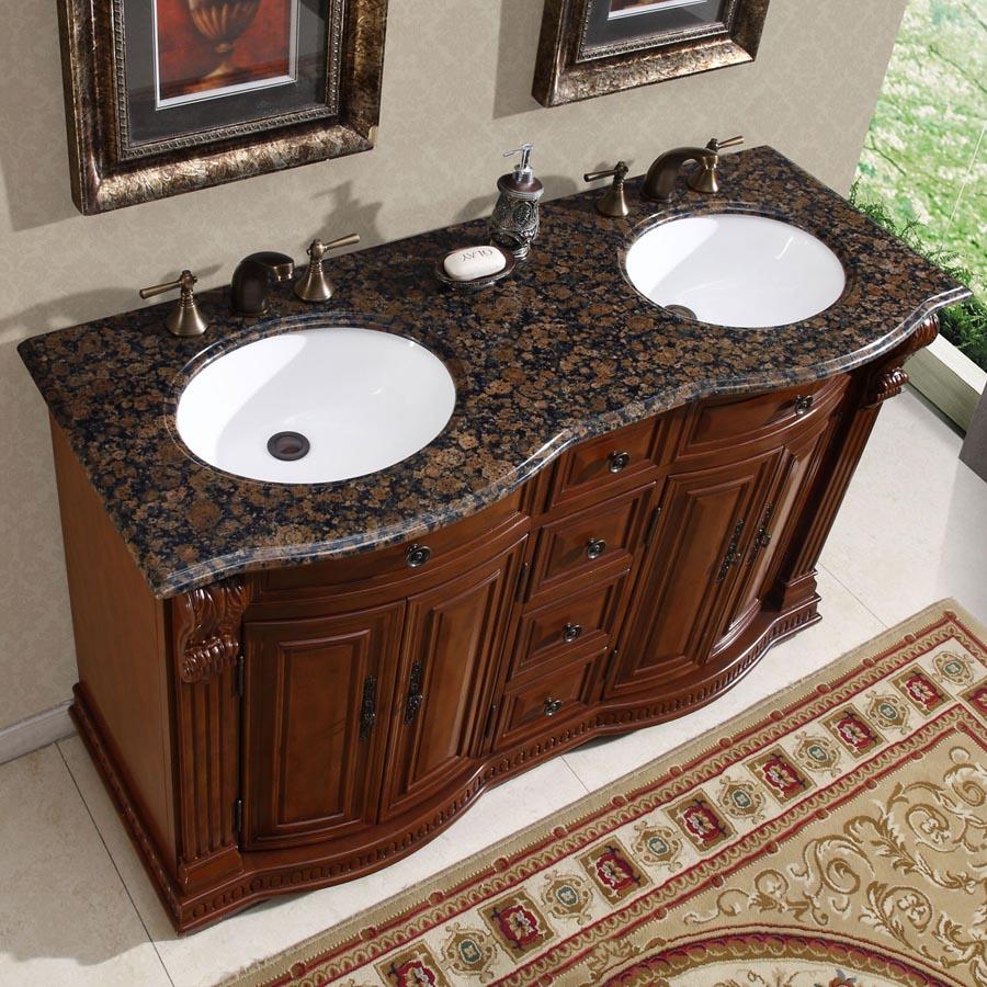 55" Double Sink Cabinet - Baltic Brown Top, Undermount White Ceramic Sinks (3-hole)