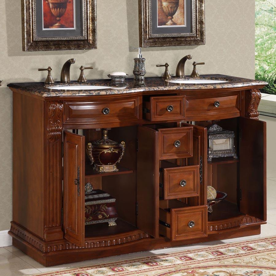 55" Double Sink Cabinet - Baltic Brown Top, Undermount White Ceramic Sinks (3-hole)