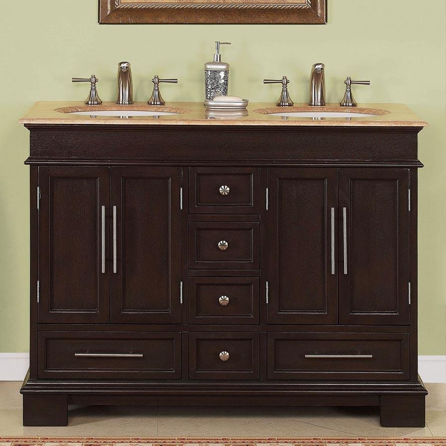 48" Double Sink Cabinet - Travertine Top, Undermount White Ceramic Sinks (3-hole)