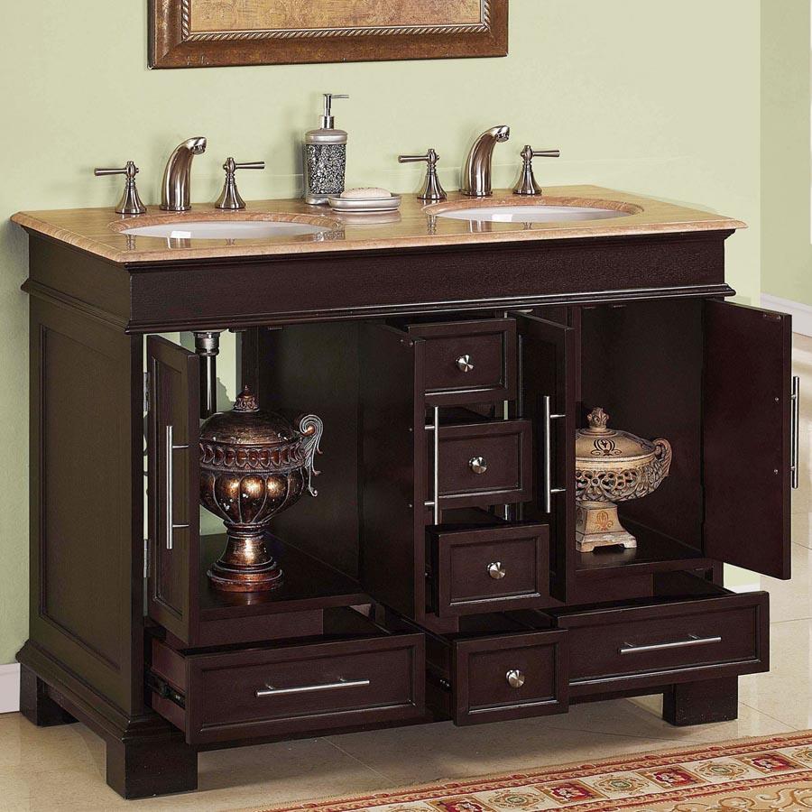 48" Double Sink Cabinet - Travertine Top, Undermount White Ceramic Sinks (3-hole)
