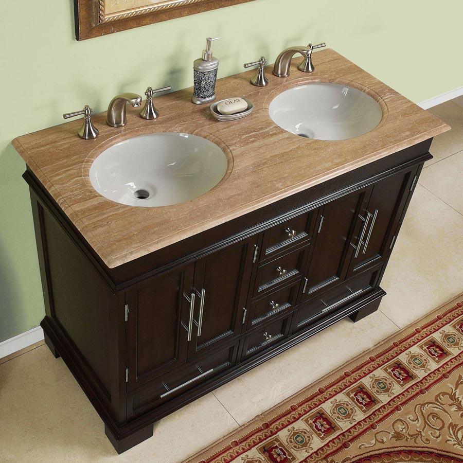 48" Double Sink Cabinet - Travertine Top, Undermount White Ceramic Sinks (3-hole)