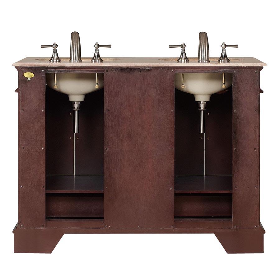 48" Double Sink Cabinet - Travertine Top, Undermount White Ceramic Sinks (3-hole)