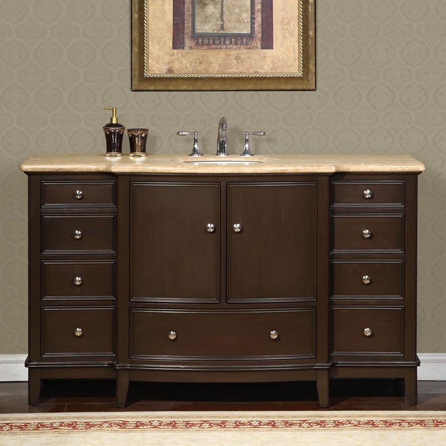 60" Single Sink Cabinet - Travertine Top, Under Mount, White Ceramic Sink (3 holes)