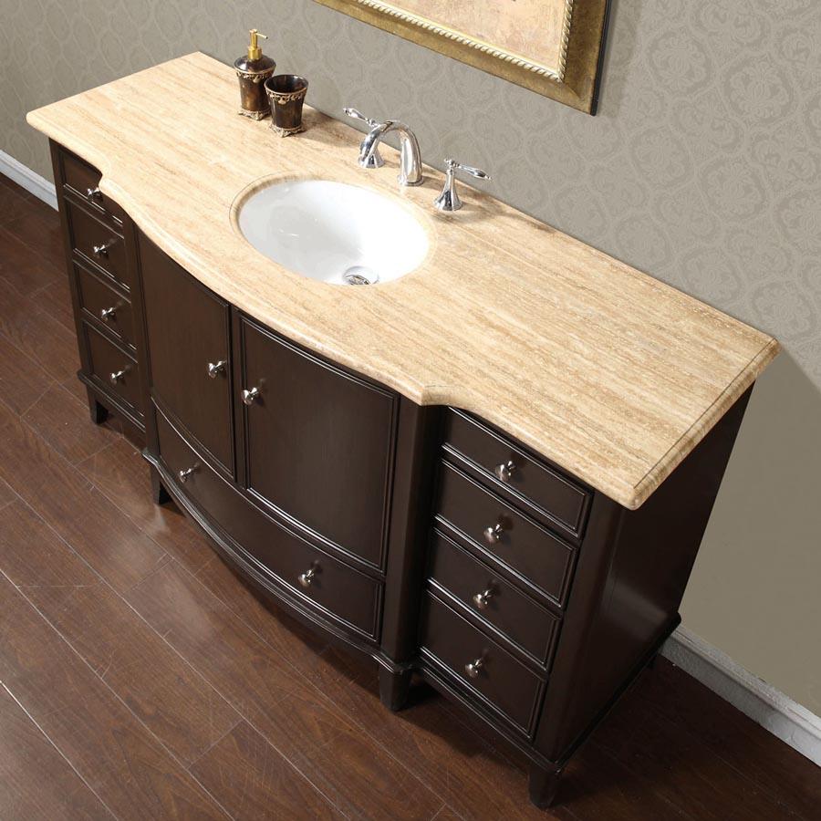 60" Single Sink Cabinet - Travertine Top, Under Mount, White Ceramic Sink (3 holes)